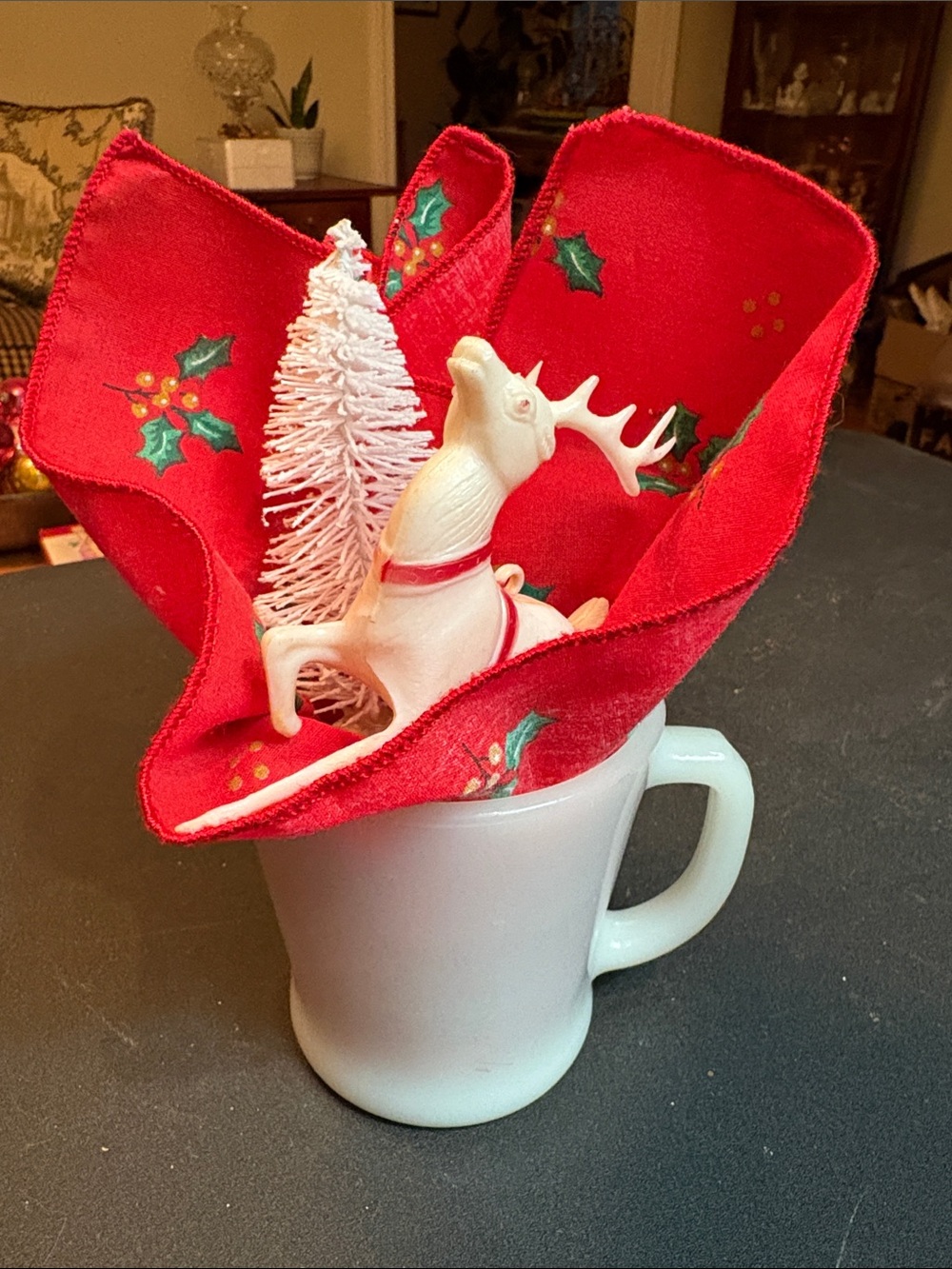 Christmas Deer Vignette- Red Napkin with White Deer and tree